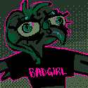 a leach's storm petrel with heavy eyeliner, wearing a shirt that says BADGIRL